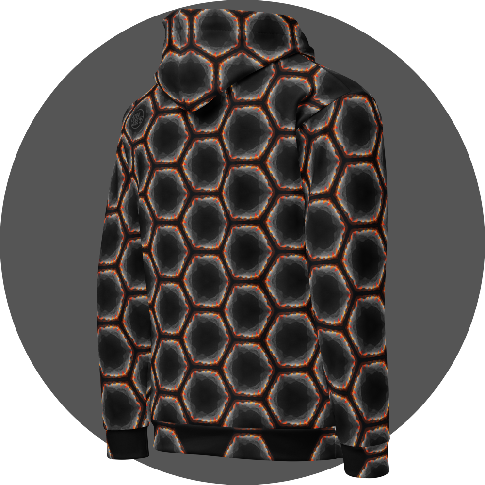 un4rt - the image shows the right back of a hoodie with a seamless pattern with a hexagonal honeycomb structure. the background and the center of the honeycombs is black. the frame of the honeycombs consists of orange spikes pointing inwards. the inner frame of the honeycombs consists of several overlapping shades of grey clouds. 