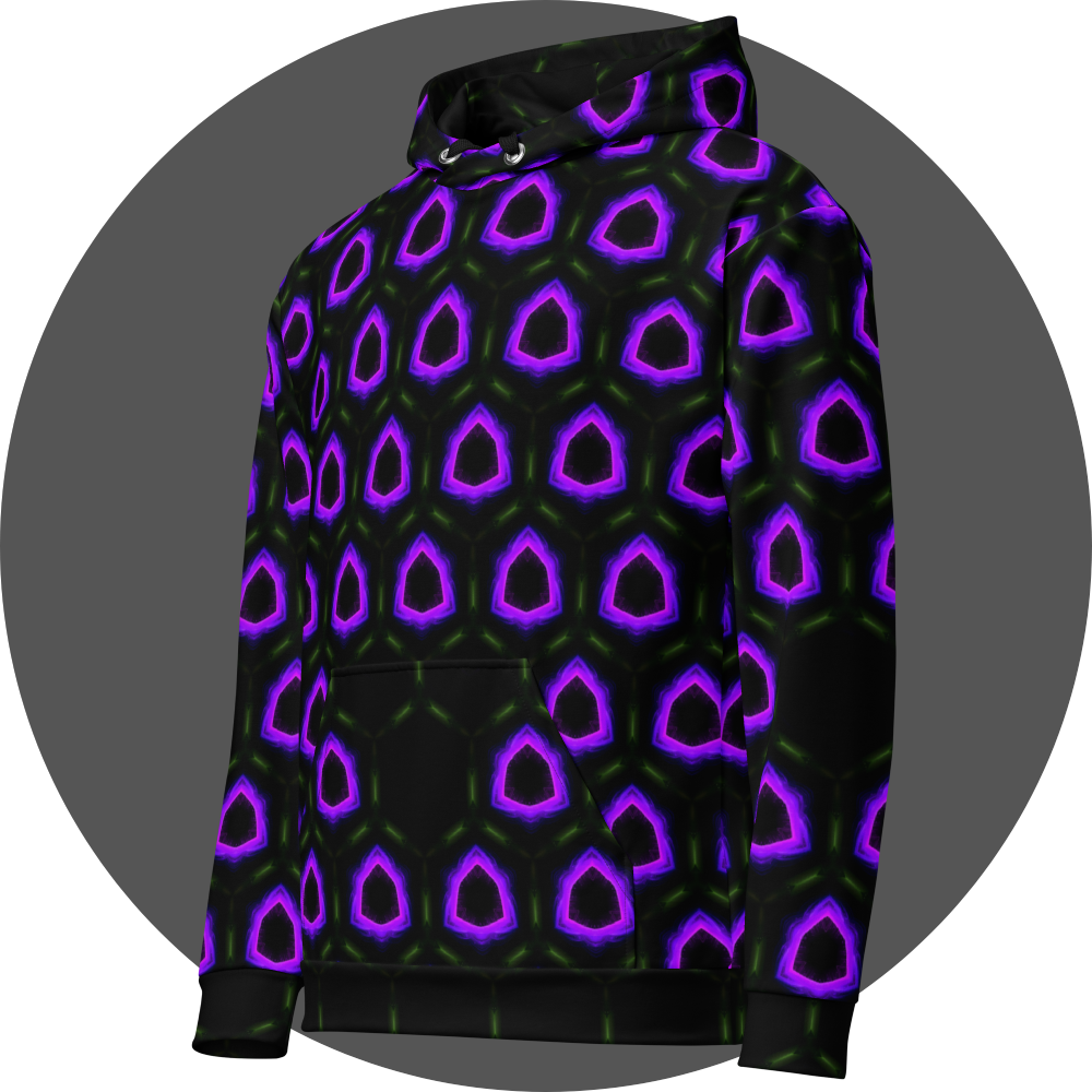 un4rt - the image shows the left front of a hoodie with a seamless pattern with a hexagonal honeycomb structure. the background and the center of the honeycombs is black. the frame of the honeycombs consist of dashed green lines. the inner part of the honeycombs consist irregular hexagonal shapes colored in pink, purple and blue. some inner parts are missing.