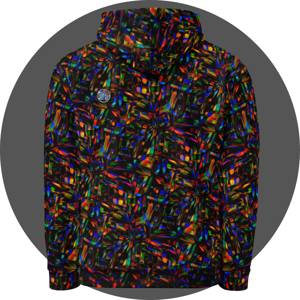 un4rt - the image shows the back of a hoodie with a pattern of overlapping, predominantly elongated moulds in all colors inclusive black. the moulds are mainly arranged in star shapes. the colors of the overlapping sections are inverted.