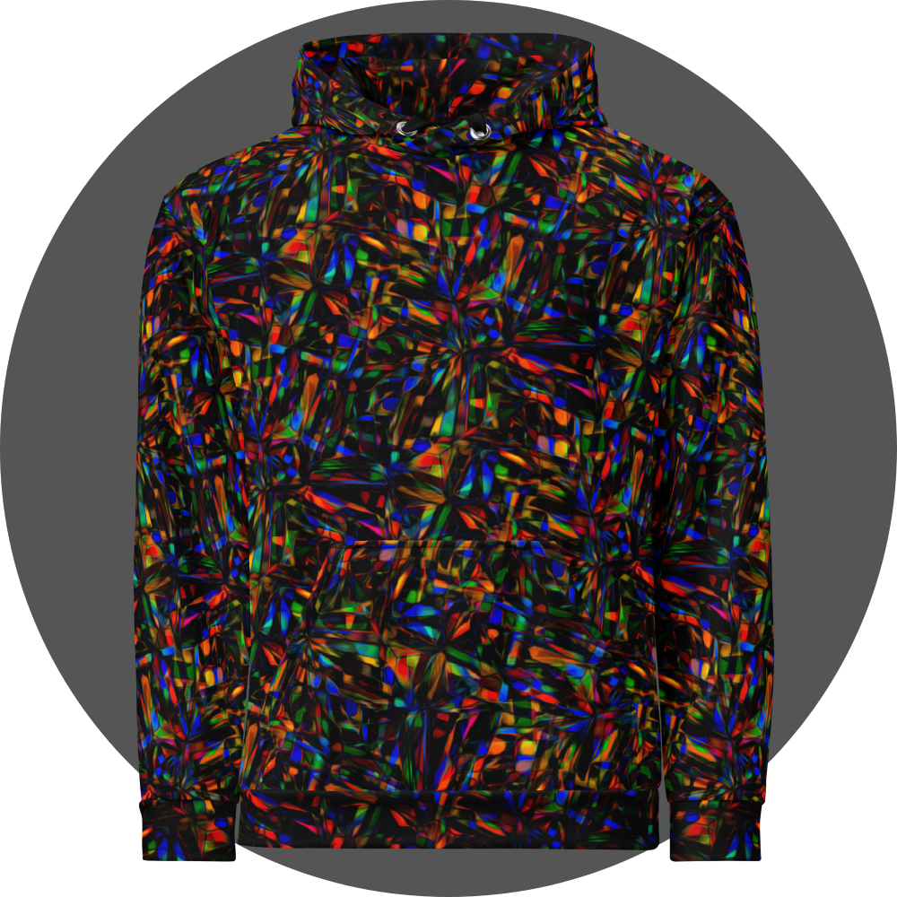 un4rt - the image shows the front of a hoodie with a pattern of overlapping, predominantly elongated moulds in all colors inclusive black. the moulds are mainly arranged in star shapes. the colors of the overlapping sections are inverted.