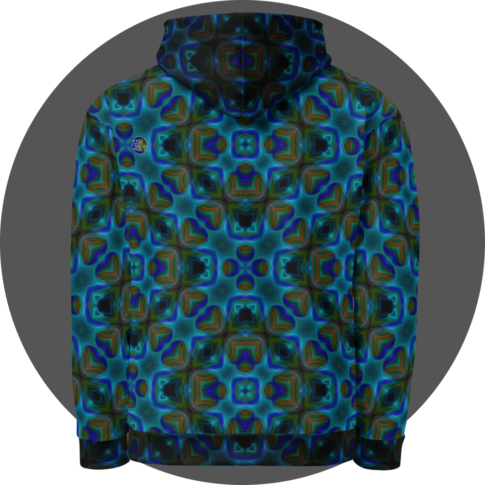 un4rt - the image shows the back of a hoodie with a repeating pattern in bright and dark blue, dark orange and dirty green tones. the pattern includes star-shaped and rectangular elements. large square elements with broad contours overlay the pattern. the colors of the pattern are darkened within the contours of the squares. 