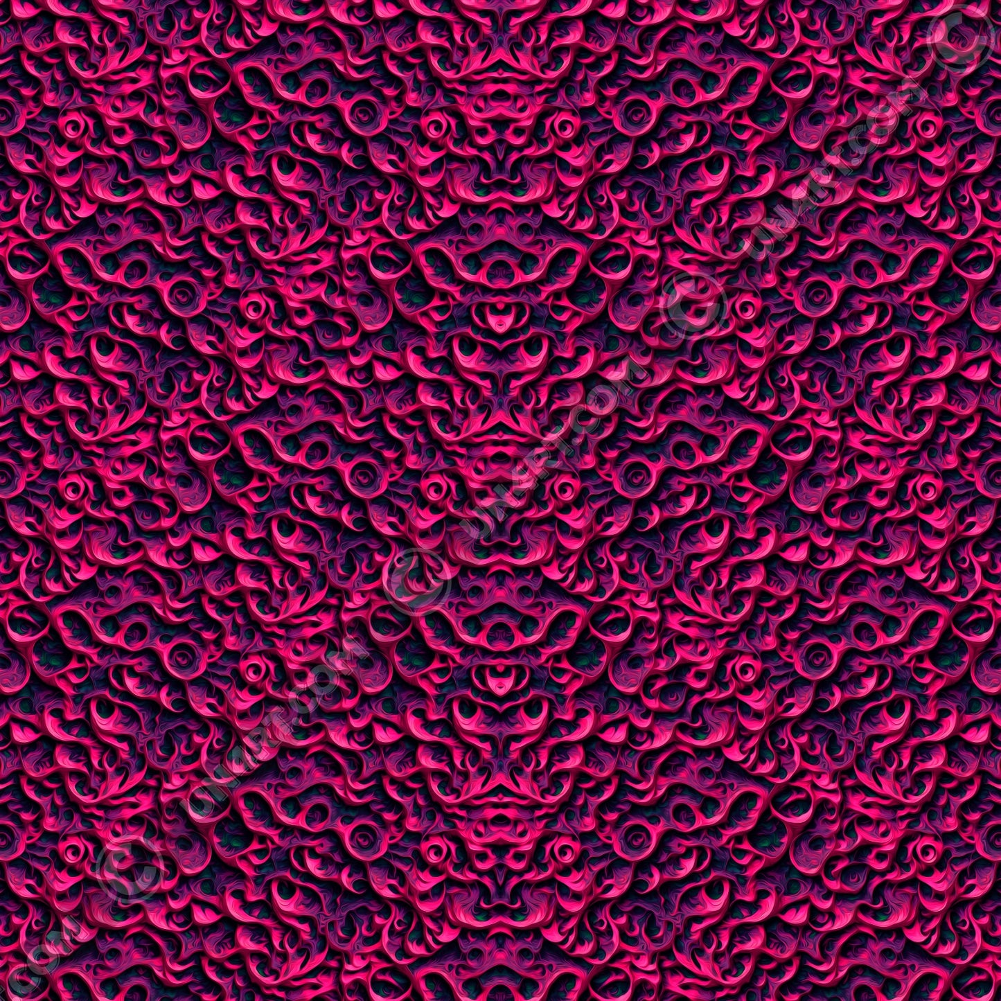 un4rt - the image shows a vertical mirrored repeating pattern with three-dimensional wavy and wedge-shaped lines. the higher areas are pink, the lower areas purple. the lowest areas are green. the color gradients have the structure of an oil painting. 