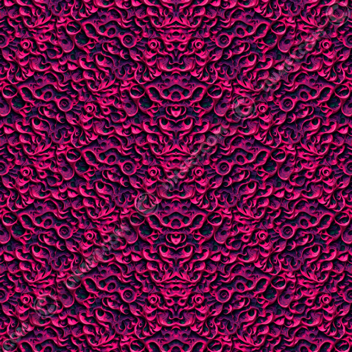 un4rt - the image shows a vertical mirrored repeating pattern with three-dimensional wavy and wedge-shaped lines. the higher areas are pink, the lower areas purple. the lowest areas are green. the color gradients have the structure of an oil painting. 
