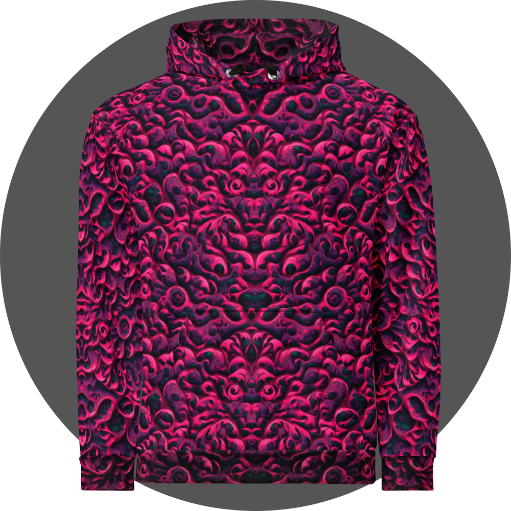 un4rt - the image shows the front of a hoodie with a vertical mirrored repeating pattern with three-dimensional wavy and wedge-shaped lines. the higher areas are pink, the lower areas purple. the lowest areas are green. the color gradients have the structure of an oil painting. 