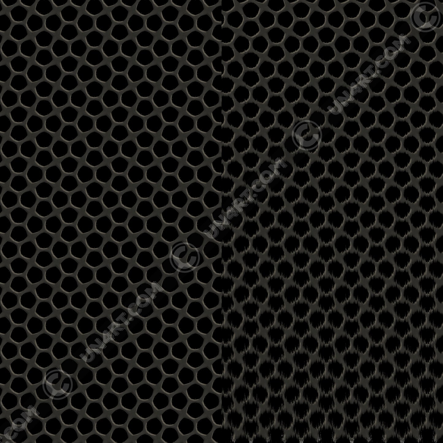 un4rt - the image is splittes vertical. both sides show the same repeating pattern, but a wind-effect is added on the right side. the pattern shows a grid with pentagonal cut-outs. the background is black, the grid is grey with decent white shadows.