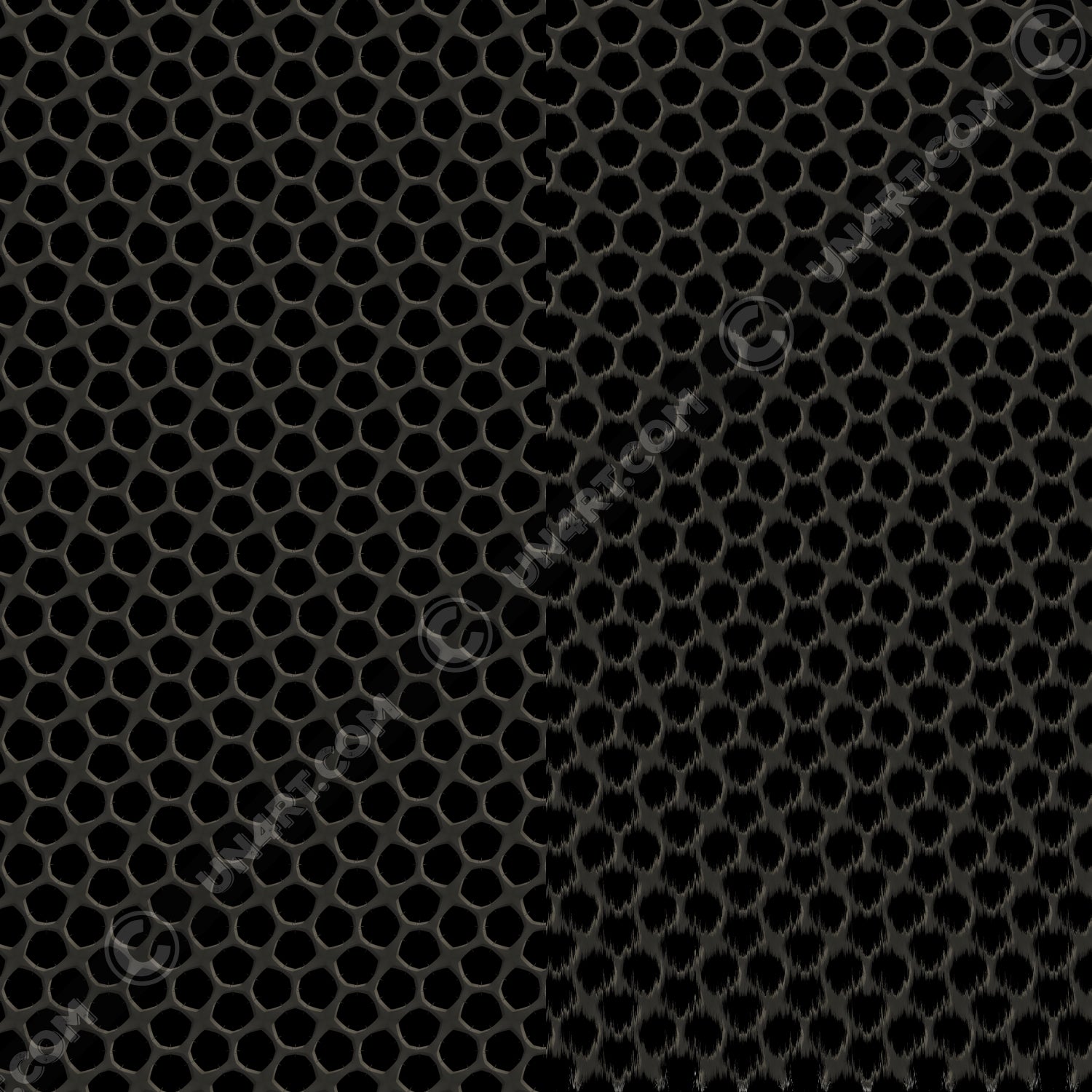 un4rt - the image is splittes vertical. both sides show the same repeating pattern, but a wind-effect is added on the right side. the pattern shows a grid with pentagonal cut-outs. the background is black, the grid is grey with decent white shadows.