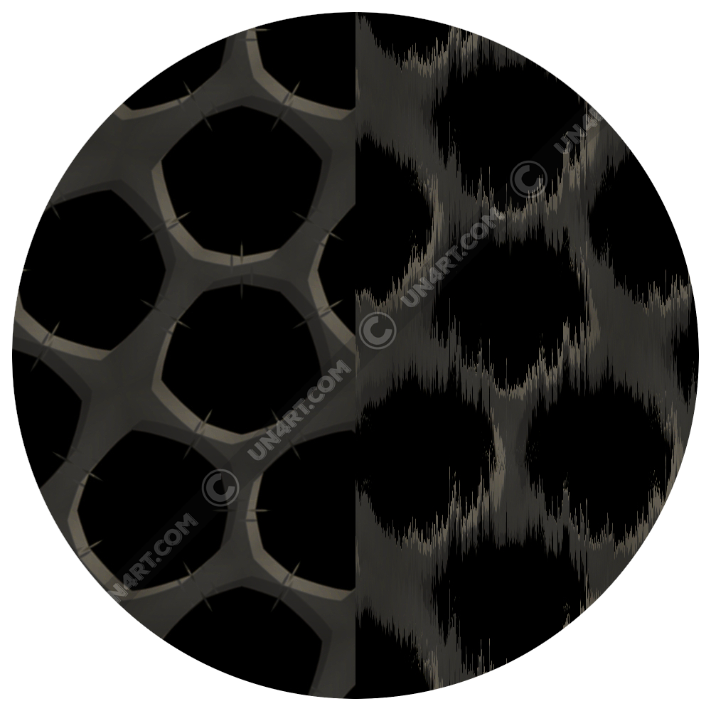 un4rt - the image is splittes vertical. both sides show the same repeating pattern, but a wind-effect is added on the right side. the pattern shows a grid with pentagonal cut-outs. the background is black, the grid is grey with decent white shadows.