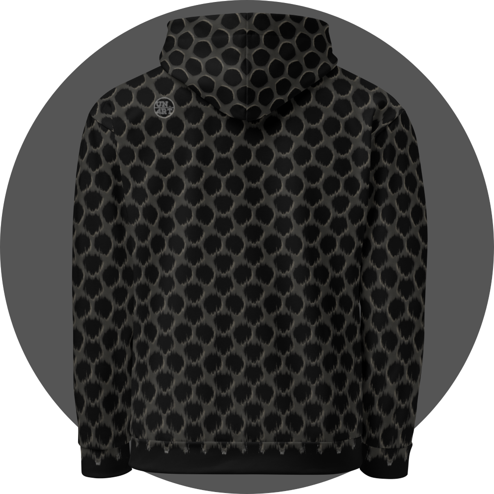 un4rt - the image shows the back of a hoodie with a repeating pattern. a strong wind-effect is added on the bottom, but becomes less effective the closer the pattern reaches the top. the pattern shows a grid with pentagonal cut-outs. the background is black, the grid is grey with decent white shadows.