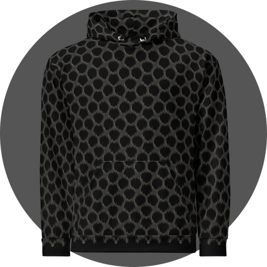 un4rt - the image shows the front of a hoodie with a repeating pattern. a strong wind-effect is added on the bottom, but becomes less effective the closer the pattern reaches the top. the pattern shows a grid with pentagonal cut-outs. the background is black, the grid is grey with decent white shadows.