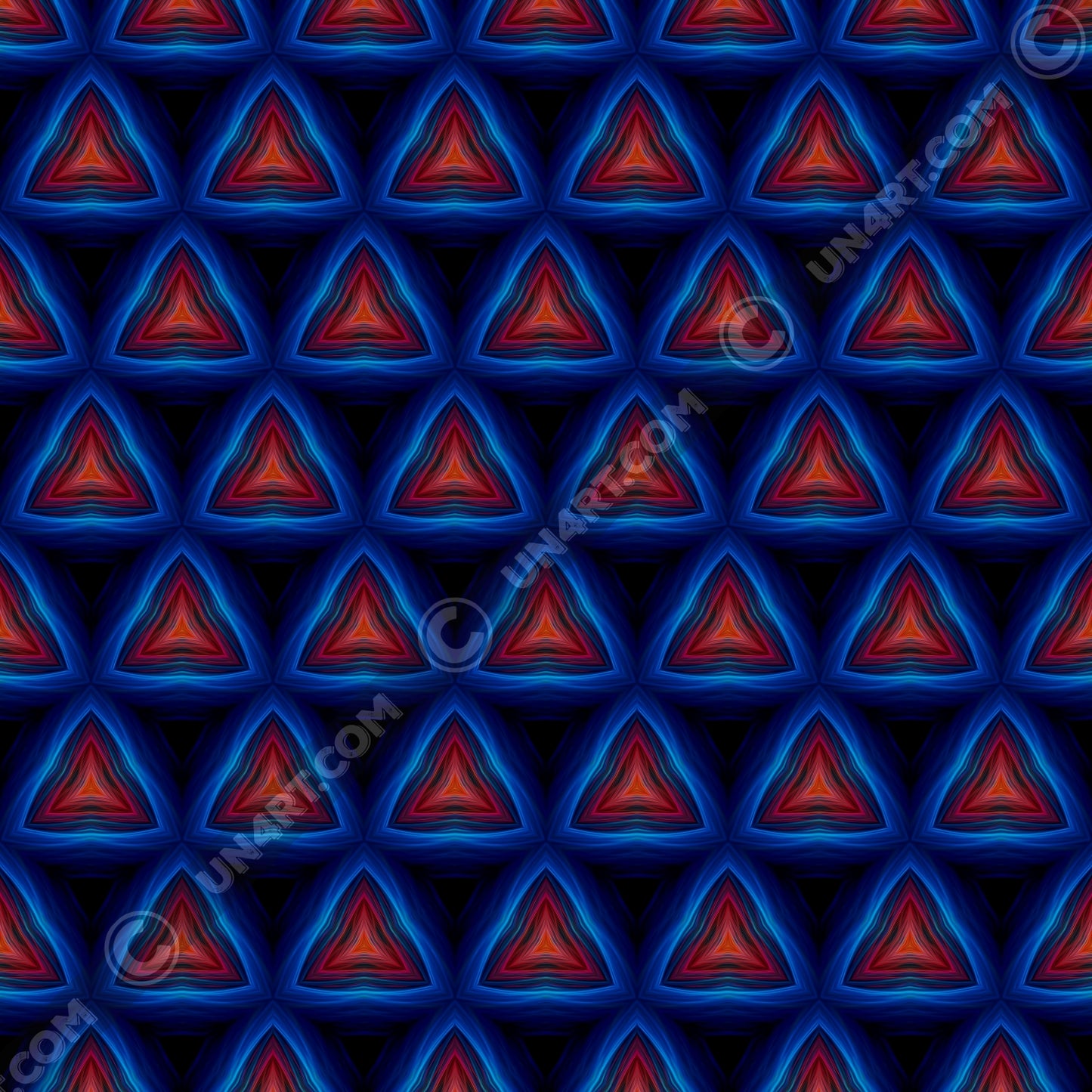 un4rt - the image shows a repeating pattern of triangles pointing up. the corners of the triangles are connected. the background is back. the triangles are made of thin curvy lines, blue lines create the frames of the triangles, red lines create the inner triangles. detailed brush strokes are visible, in the style of an oil painting.
