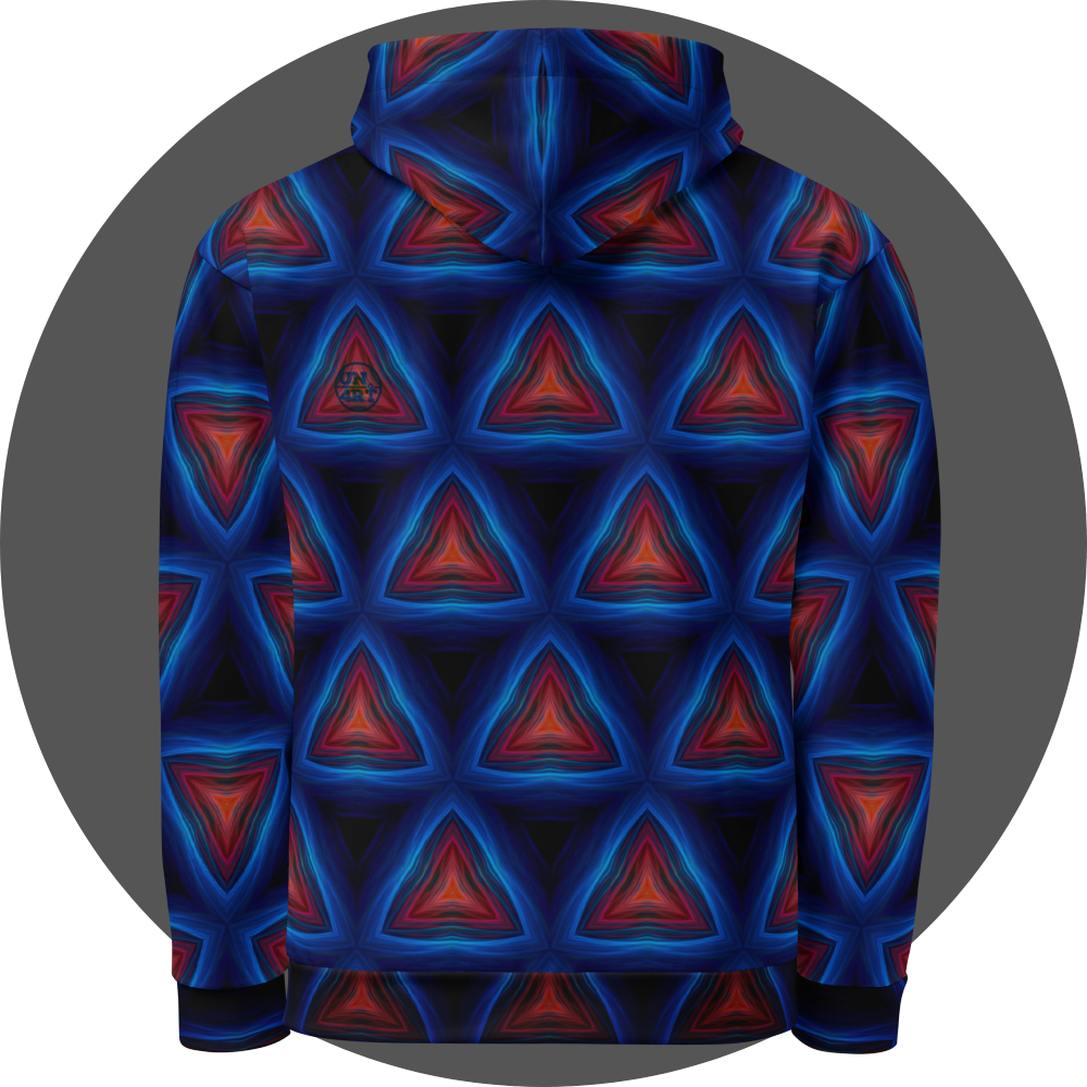 un4rt - the image shows the back of a hoodie with a repeating pattern of triangles pointing up. the corners of the triangles are connected. the background is back. the triangles are made of thin curvy lines, blue lines create the frames of the triangles, red lines create the inner triangles. detailed brush strokes are visible, in the style of an oil painting.