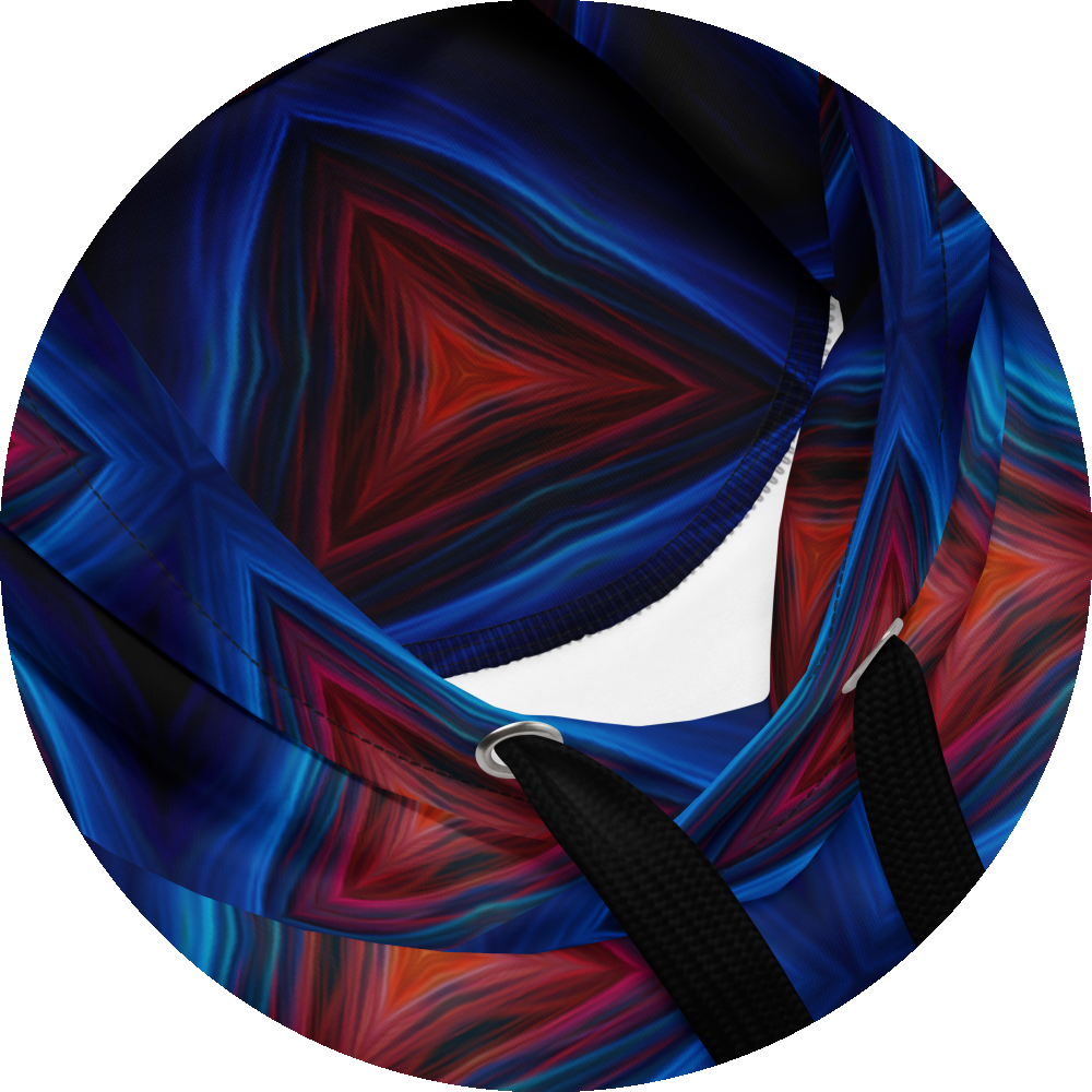 un4rt - the image shows details of a hoodie with a repeating pattern of triangles pointing up. the corners of the triangles are connected. the background is back. the triangles are made of thin curvy lines, blue lines create the frames of the triangles, red lines create the inner triangles. detailed brush strokes are visible, in the style of an oil painting.