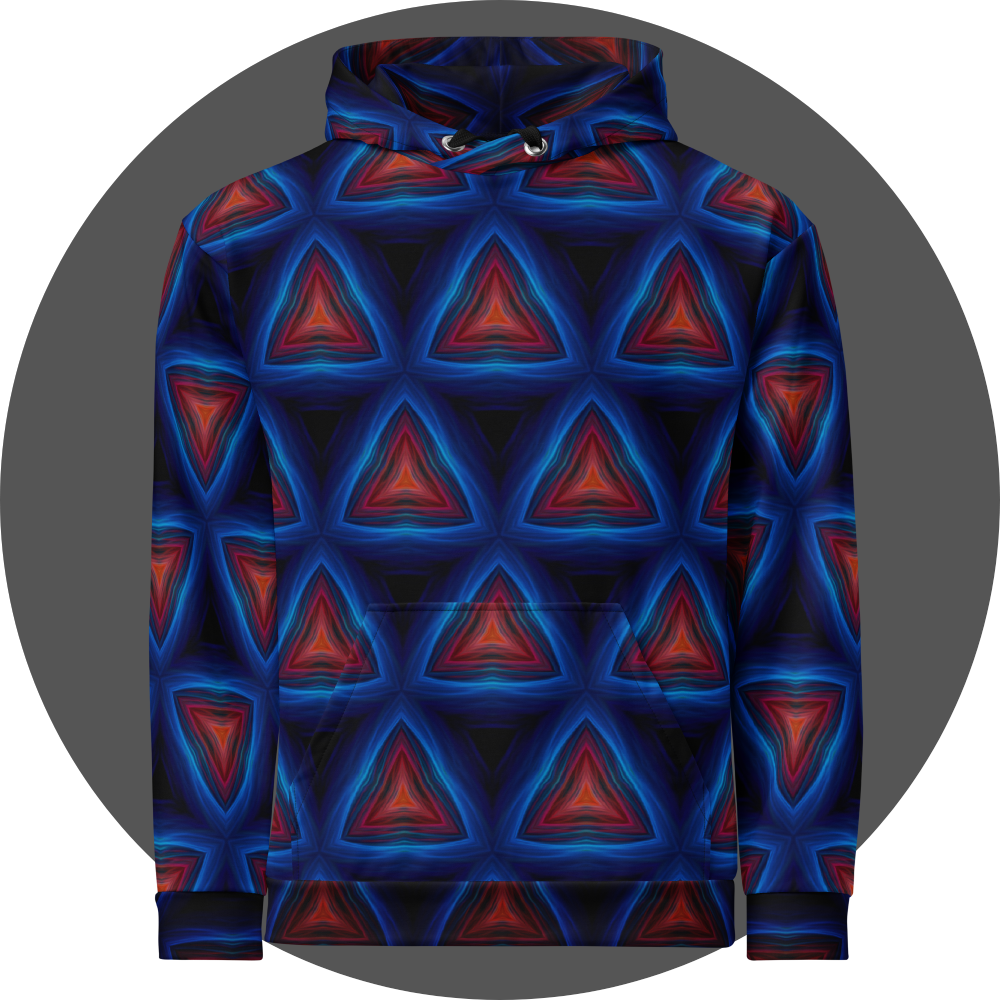 un4rt - the image shows the front of a hoodie with a repeating pattern of triangles pointing up. the corners of the triangles are connected. the background is back. the triangles are made of thin curvy lines, blue lines create the frames of the triangles, red lines create the inner triangles. detailed brush strokes are visible, in the style of an oil painting.