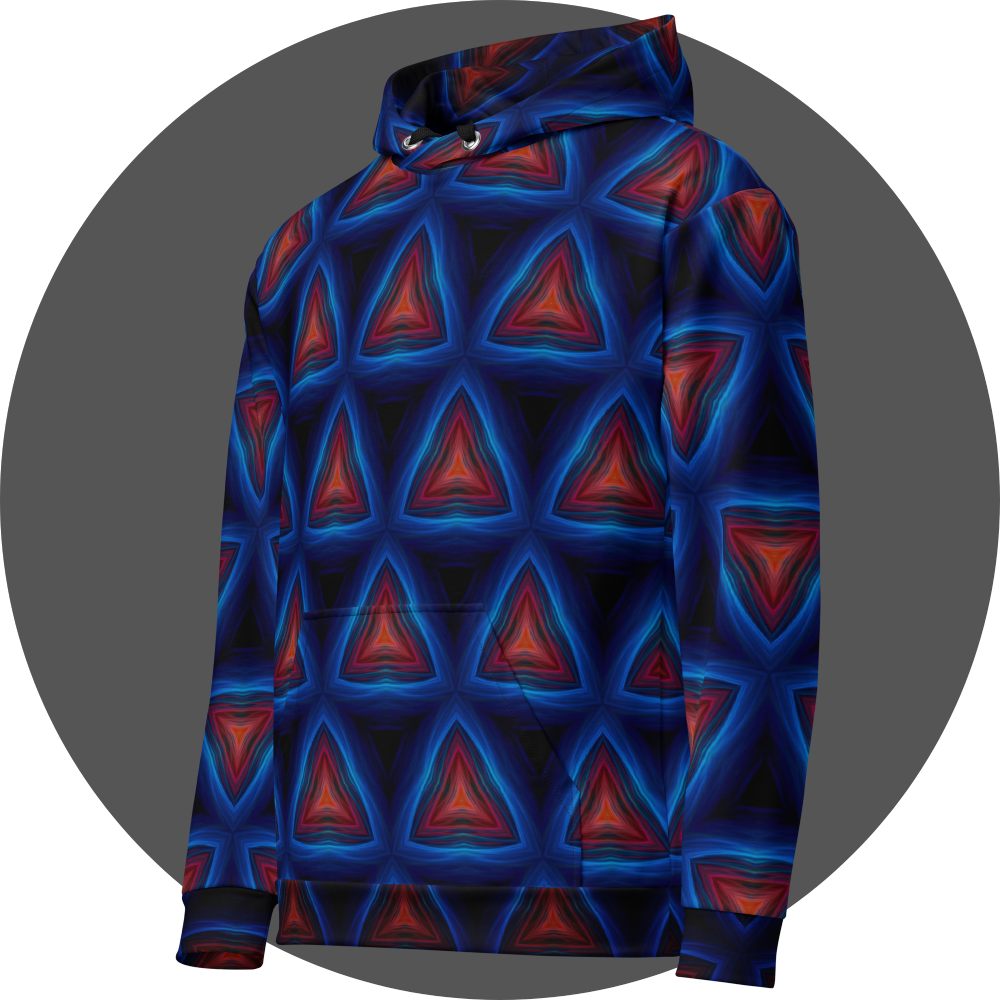 un4rt - the image shows the left front of a hoodie with a repeating pattern of triangles pointing up. the corners of the triangles are connected. the background is back. the triangles are made of thin curvy lines, blue lines create the frames of the triangles, red lines create the inner triangles. detailed brush strokes are visible, in the style of an oil painting.