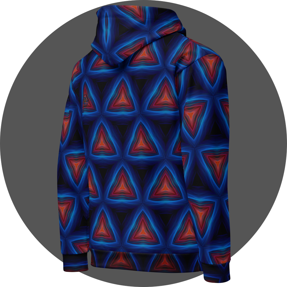 un4rt - the image shows the right back of a hoodie with a repeating pattern of triangles pointing up. the corners of the triangles are connected. the background is back. the triangles are made of thin curvy lines, blue lines create the frames of the triangles, red lines create the inner triangles. detailed brush strokes are visible, in the style of an oil painting.