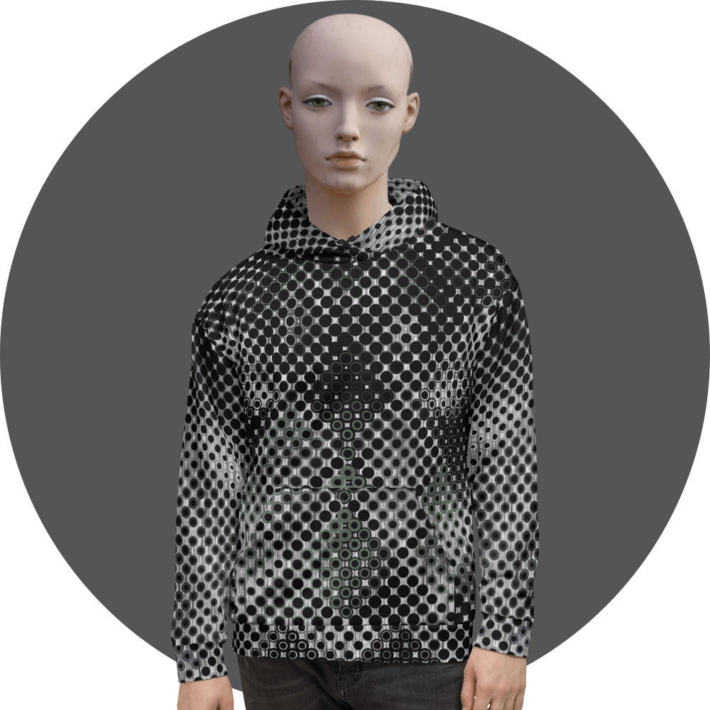 UN4RT black and white all-over print hoodie, dense repeating circle and dot grid pattern with optical illusion depth effect, kangaroo pocket, mannequin front view, grey circular background.