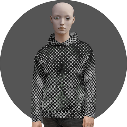 UN4RT black and white all-over print hoodie, dense repeating circle and dot grid pattern with optical illusion depth effect, kangaroo pocket, mannequin front view, grey circular background.
