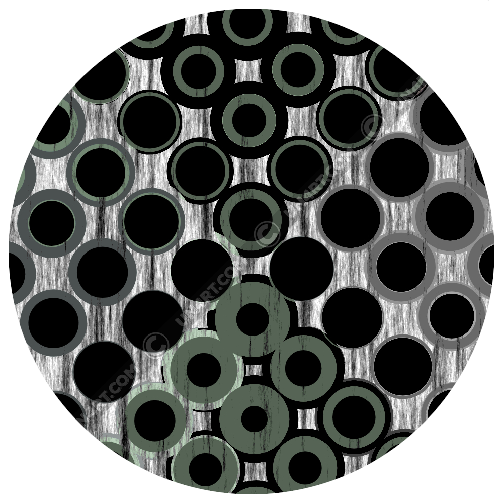 UN4RT doterium original artwork detail – circular close-up of halftone dot pattern showing solid black circles and hollow grey rings with subtle green tint on brushstroke-textured white background, copyright-protected original design.