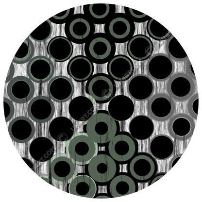 UN4RT doterium original artwork detail – circular close-up of halftone dot pattern showing solid black circles and hollow grey rings with subtle green tint on brushstroke-textured white background, copyright-protected original design.