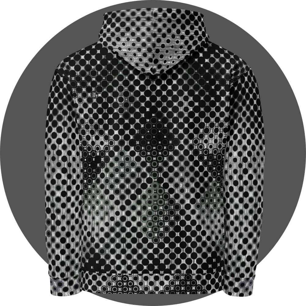 UN4RT doterium all-over-print hoodie back view – white and black pullover hoodie with dense halftone dot pattern, hidden skull motif formed by solid black circles fading to hollow rings visible across back panel, ribbed cuffs and hem.
