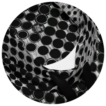 UN4RT doterium hoodie hood detail – circular close-up of drawstring hood opening showing black halftone dot pattern with solid and hollow ring forms on white and grey fabric, UN4RT logo embroidered at chest, white inner lining and black metal eyelet visible.