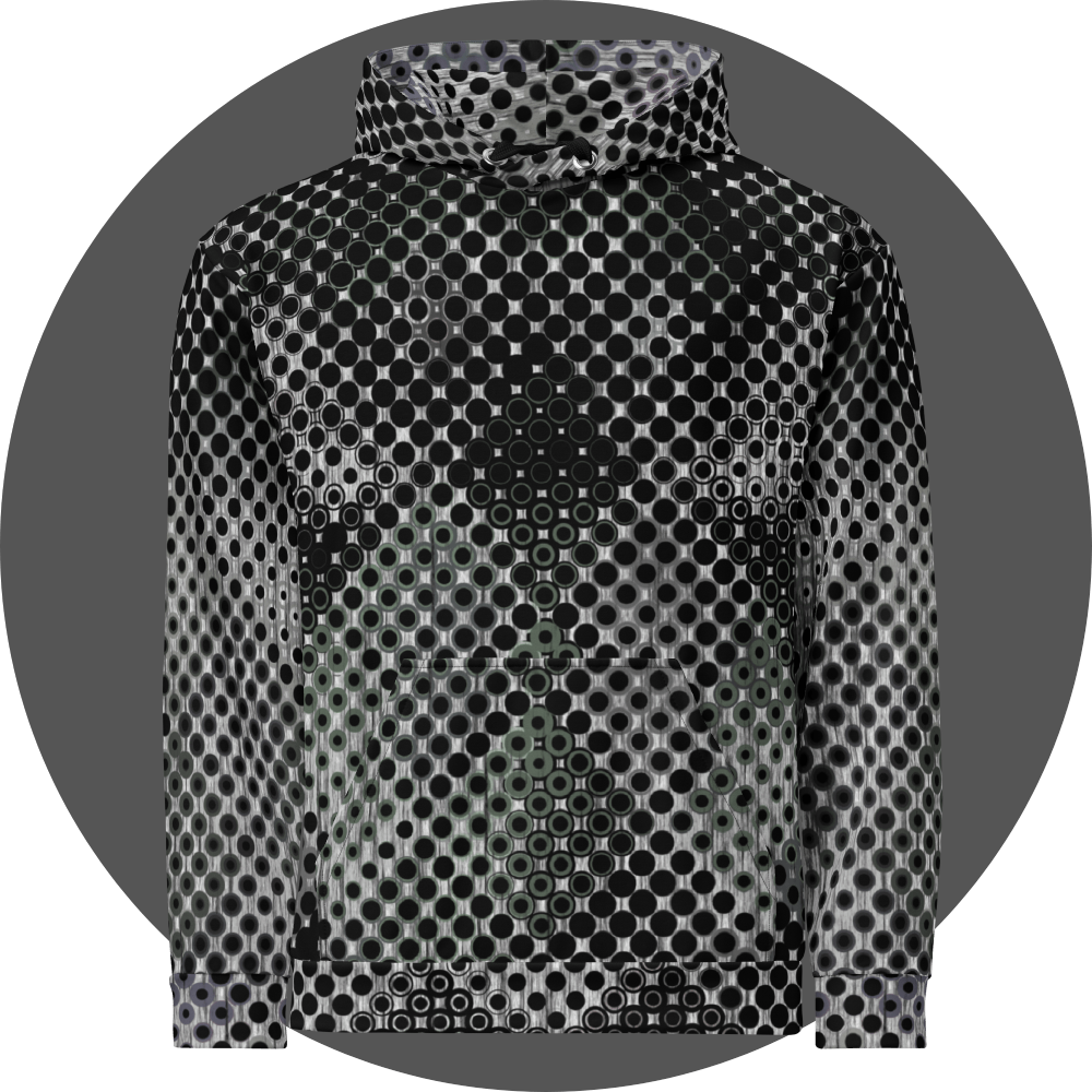 UN4RT doterium all-over-print hoodie front view – white and black pullover hoodie with dense halftone dot pattern, subtle hidden skull motif formed by solid black circles fading to hollow rings, kangaroo pocket and black drawstrings visible.