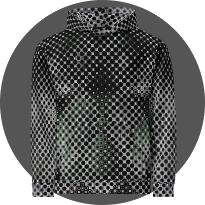 UN4RT doterium all-over-print hoodie front view – white and black pullover hoodie with dense halftone dot pattern, subtle hidden skull motif formed by solid black circles fading to hollow rings, kangaroo pocket and black drawstrings visible.
