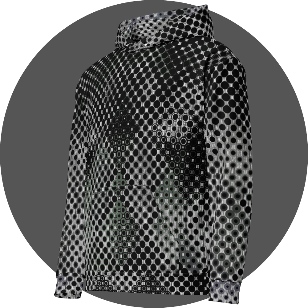 UN4RT doterium all-over-print hoodie left side view – white and black pullover hoodie with dense halftone dot pattern of solid black circles fading to hollow rings, subtle hidden skull motif visible in print, ribbed cuffs and hem.