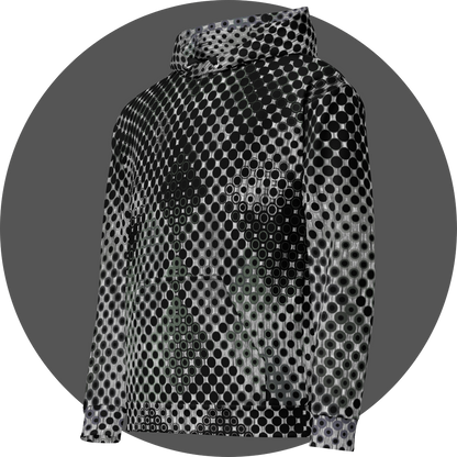 UN4RT doterium all-over-print hoodie left side view – white and black pullover hoodie with dense halftone dot pattern of solid black circles fading to hollow rings, subtle hidden skull motif visible in print, ribbed cuffs and hem.