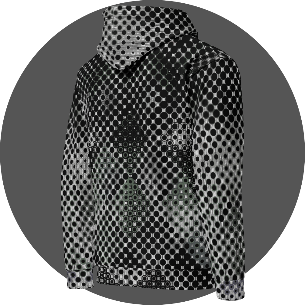 UN4RT doterium all-over-print hoodie right side view – white and black pullover hoodie with dense halftone dot pattern, subtle hidden skull motif visible in print, kangaroo pocket detail, ribbed cuffs and hem.