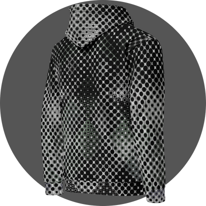 UN4RT doterium all-over-print hoodie right side view – white and black pullover hoodie with dense halftone dot pattern, subtle hidden skull motif visible in print, kangaroo pocket detail, ribbed cuffs and hem.