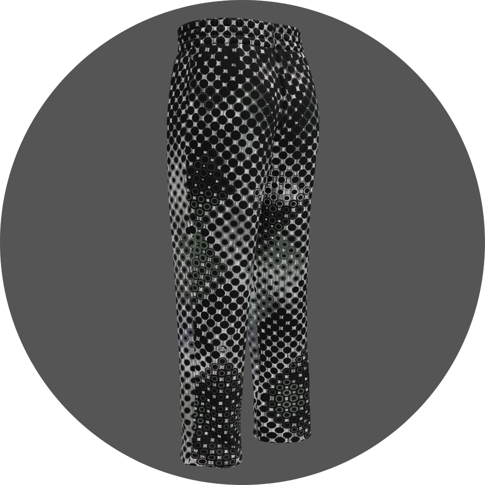 UN4RT doterium all-over-print jogging pants back left view – white sweatpants with halftone dot pattern of solid black circles fading into hollow rings, small UN4RT logo visible at lower leg, elasticated waistband, straight leg cut.