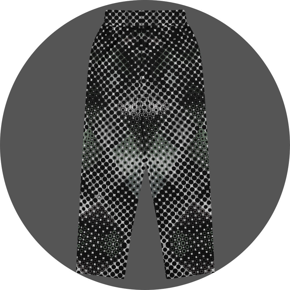 UN4RT doterium all-over-print jogging pants back flat – white sweatpants with symmetrical halftone dot pattern of solid black circles fading into hollow rings, small UN4RT logo at lower leg, elasticated waistband.