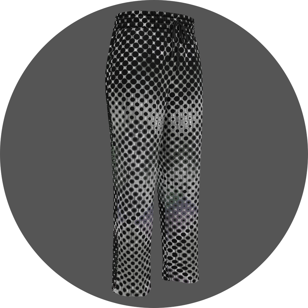 UN4RT doterium all-over-print jogging pants front right view – white sweatpants with halftone dot pattern of solid black circles fading into hollow rings, elasticated drawstring waistband, straight leg cut.