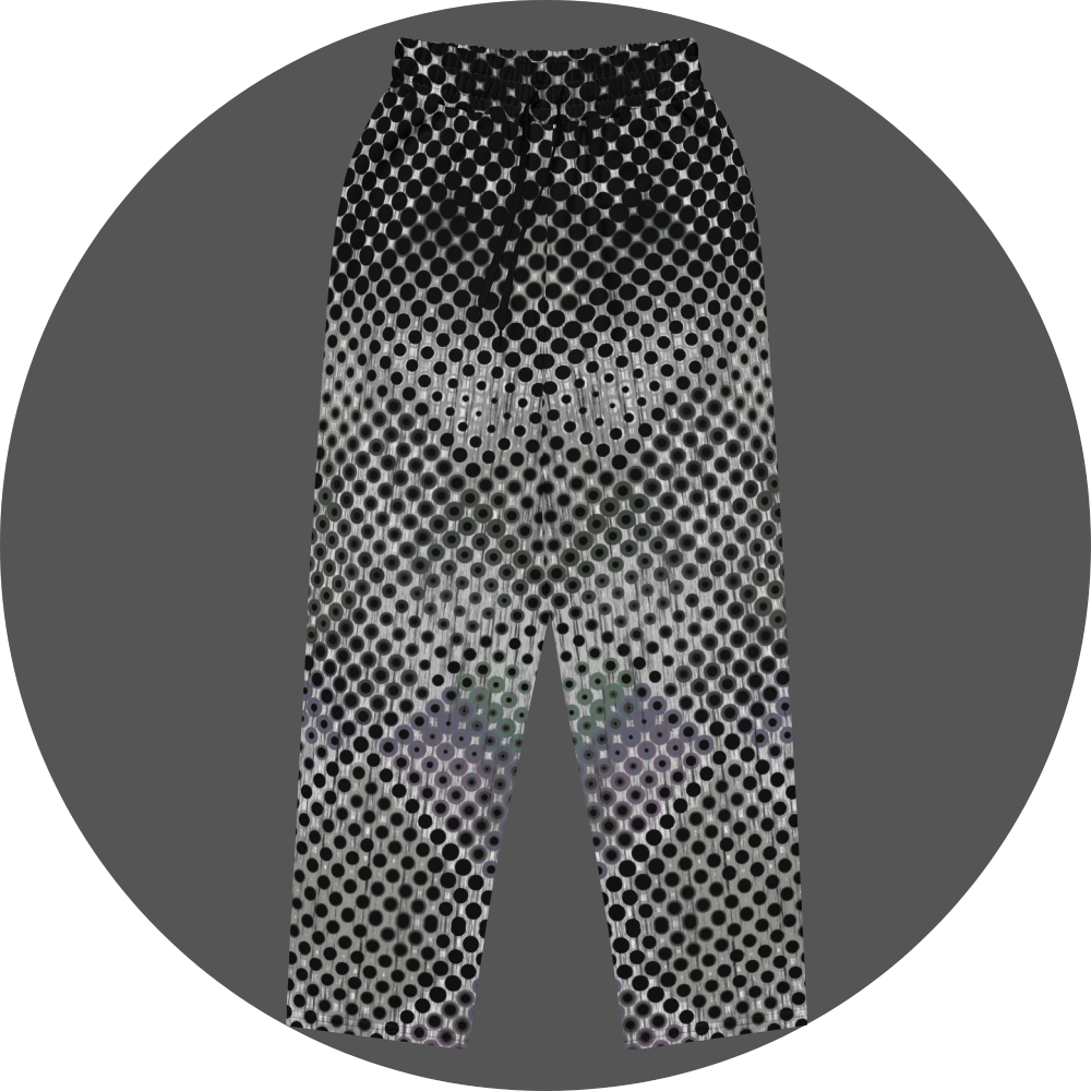 UN4RT doterium all-over-print jogging pants front flat – white sweatpants with dense halftone dot pattern of solid black circles fading into hollow rings, gradient transition from opaque to transparent, elasticated drawstring waistband.
