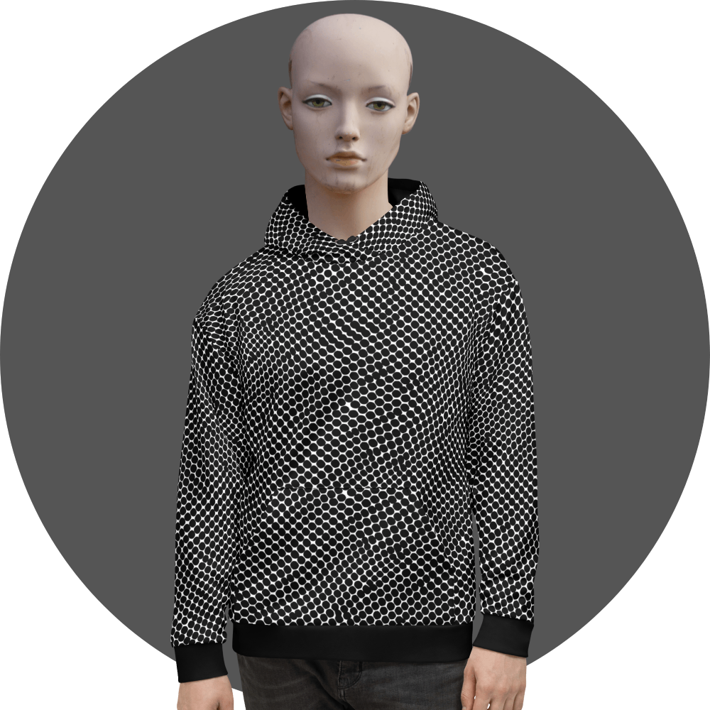 UN4RT black and white all-over print hoodie, dense repeating dot grid with optical illusion wave effect, kangaroo pocket, mannequin front view, grey circular background.