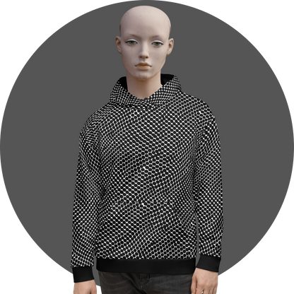 UN4RT black and white all-over print hoodie, dense repeating dot grid with optical illusion wave effect, kangaroo pocket, mannequin front view, grey circular background.