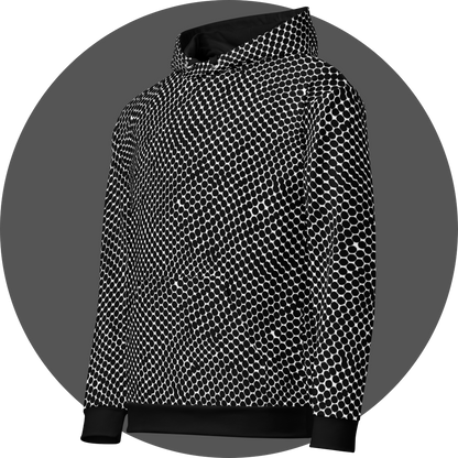 un4rt - the image shows the left front of a hoodie with black dots on a white background. the dots are irregular but mainly round. the dots are arranged in soft curves. some of the dots touch each other and merge.