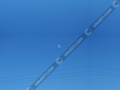 un4rt - the photographie shows a completely blue sky with a small moon in the center. some power lines cross the image on the bottom.