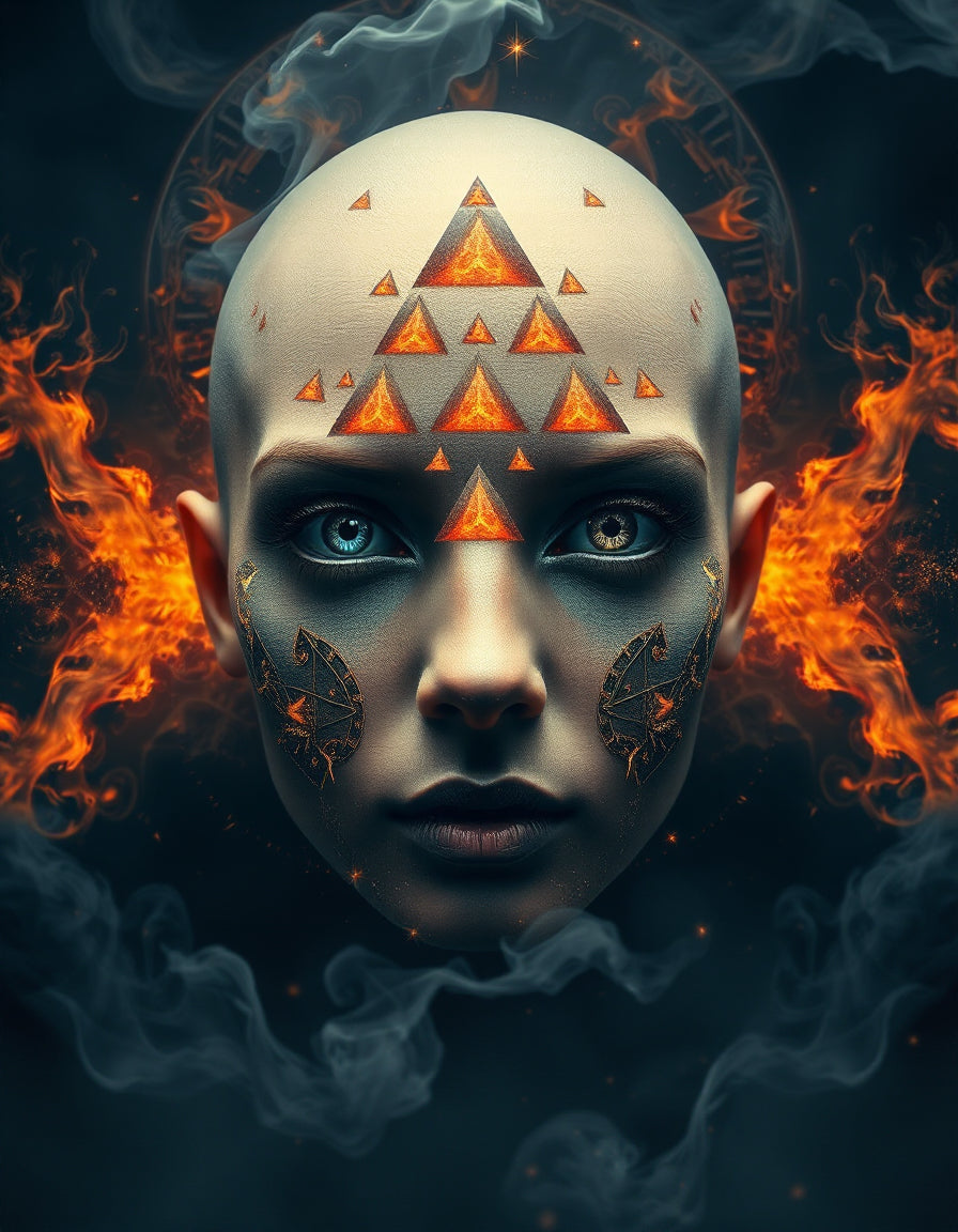 un4rt - close-up of a bald woman's face with several orange triangles scattered across her forehead forming a pyramid; the woman's face is surrounded by smoke and fire; her eyes are different colours, one blue and the other gold