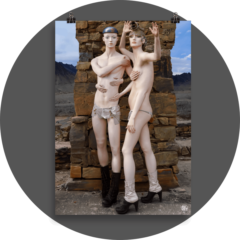 un4rt - combination of photographie and ai-art. two mannequins in front of an old stone wall. one is wearing a gas mask, the other one is wearing a blue steel hat. each mannequin has four arms and four hands. both are wearing leather boots.mountains and a cloudy blue sky in the background.