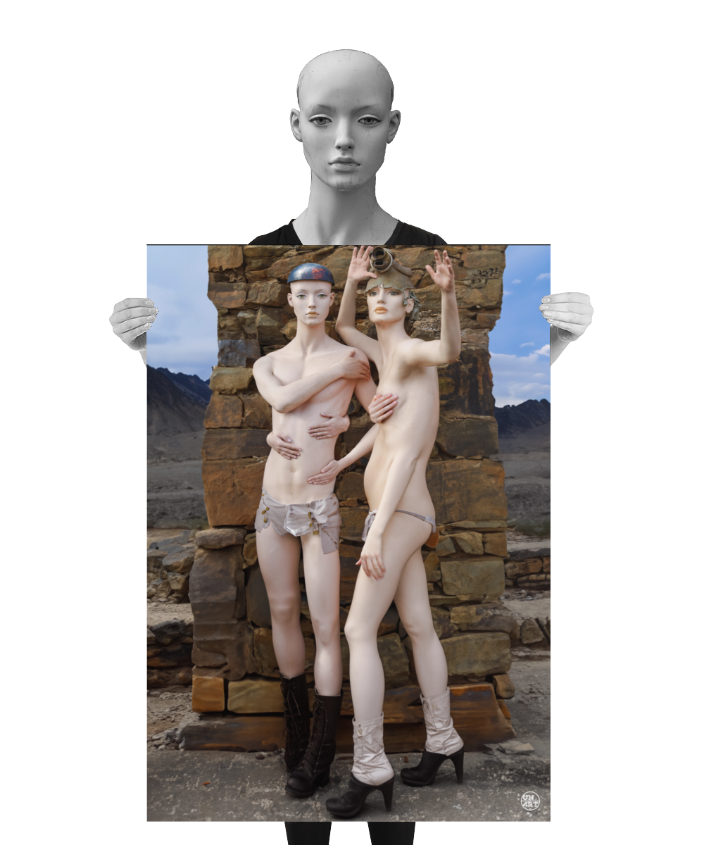 un4rt - a poster. combination of photographie and ai-art. two mannequins in front of an old stone wall. one is wearing a gas mask, the other one is wearing a blue steel hat. each mannequin has four arms and four hands. both are wearing leather boots.mountains and a cloudy blue sky in the background. a mannequin is holding the poster.
