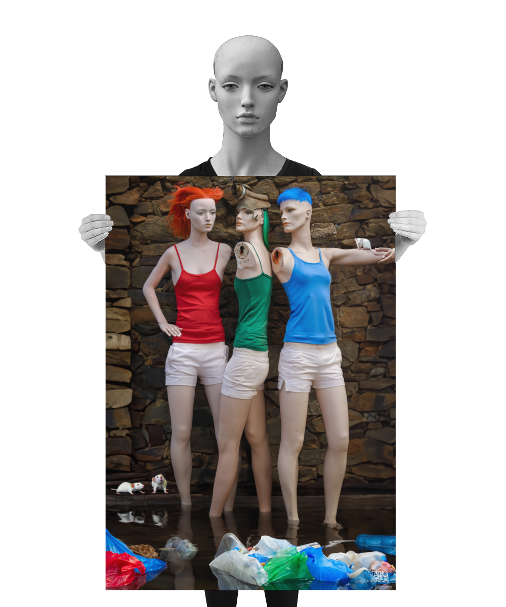 un4rt - a poster. combination of photographie and ai-art. three mannequins in front of an old stone wall. all three are wearing white short pants. one mannequin has red hair and wears a red top. one  annequin has green hair and wears a green top. one mannequin has blue hair and wears a blue top. the three mannequins are standing in dirty water. some trash in the water and white mice around them. a mannequin is holding the poster.
