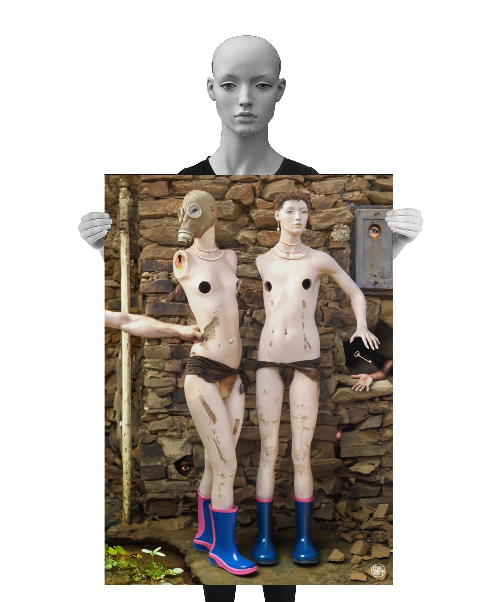 un4rt - a poster. combination of photographie and ai-art. two mannequins with rubber boots are standing in front of an ancient stone wall. one mannequin is wearing a gas mask. an arm is punching one mannequin. both mannequins are wearing necklesses and have holes in their breasts. a mannequin is holding the poster.