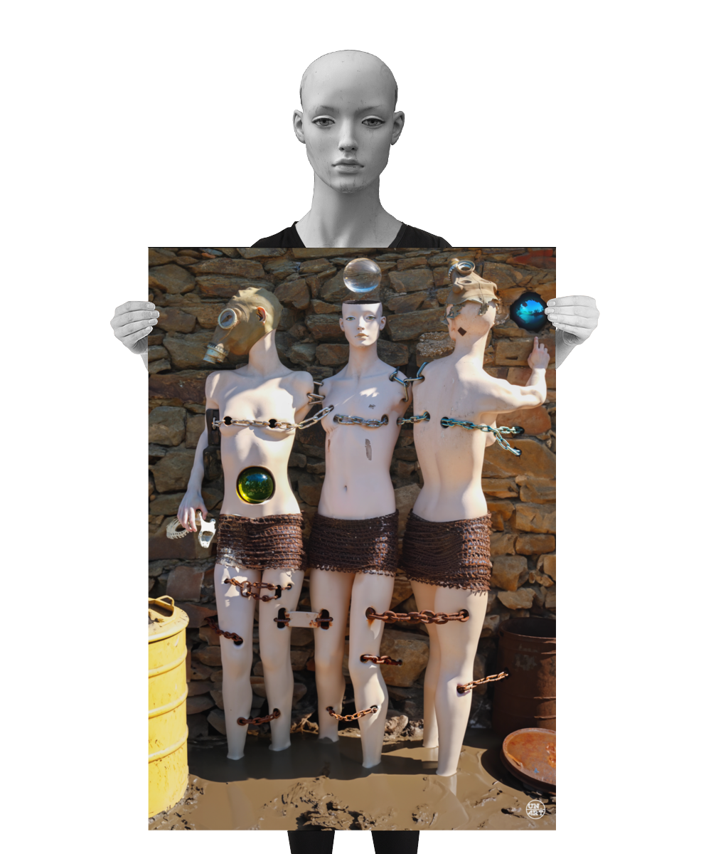 un4rt - a poster. combination of photographie and ai-art. three mannequins are chained together. they are standing in mud, in front of an old stone wall. one of the mannequins is looking into the camera, the others are wearing a gas mask and face away from the camera. each mannequin is in a relationship with a glas orb. a mannequin is holding the poster.
