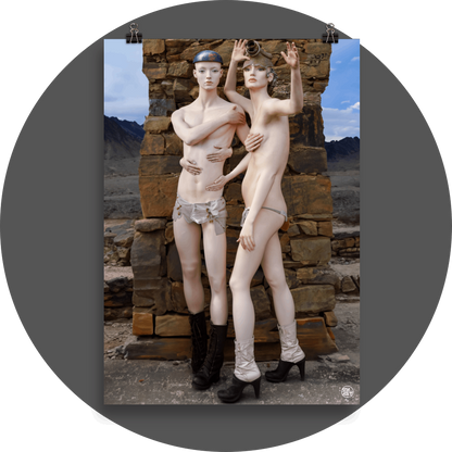 un4rt - combination of photographie and ai-art. two mannequins in front of an old stone wall. one is wearing a gas mask, the other one is wearing a blue steel hat. each mannequin has four arms and four hands. both are wearing leather boots.mountains and a cloudy blue sky in the background.