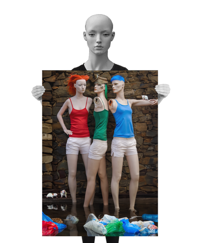 un4rt - a poster. combination of photographie and ai-art. three mannequins in front of an old stone wall. all three are wearing white short pants. one mannequin has red hair and wears a red top. one  annequin has green hair and wears a green top. one mannequin has blue hair and wears a blue top. the three mannequins are standing in dirty water. some trash in the water and white mice around them. a mannequin is holding the poster.