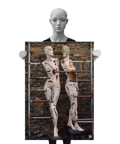 un4rt - a poster. combination of photographie and ai-art. two mannequins with massive signs of destruction in front of an old stone wall. both mannequins are connected with various rusty pipes. one of them is wearing a gas mask. a mannequin is holding the poster.