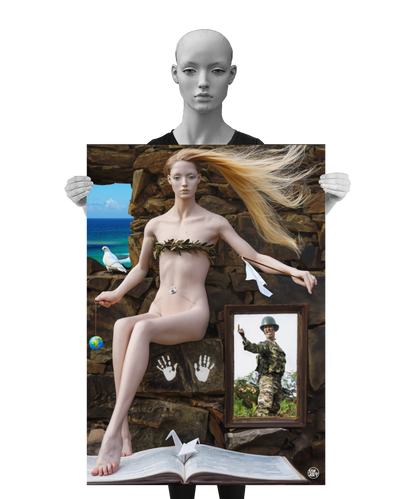 un4rt - a poster. combination of photographie and ai-art. a mannequin with long blonde hair is sitting in front of an old stone wall. multiple signs of peace around her. a soldier is shouting at her. a mannequin is holding the poster.