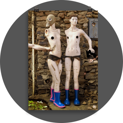 un4rt - combination of photographie and ai-art. two mannequins with rubber boots are standing in front of an ancient stone wall. one mannequin is wearing a gas mask. an arm is punching one mannequin. both mannequins are wearing necklesses and have holes in their breasts.